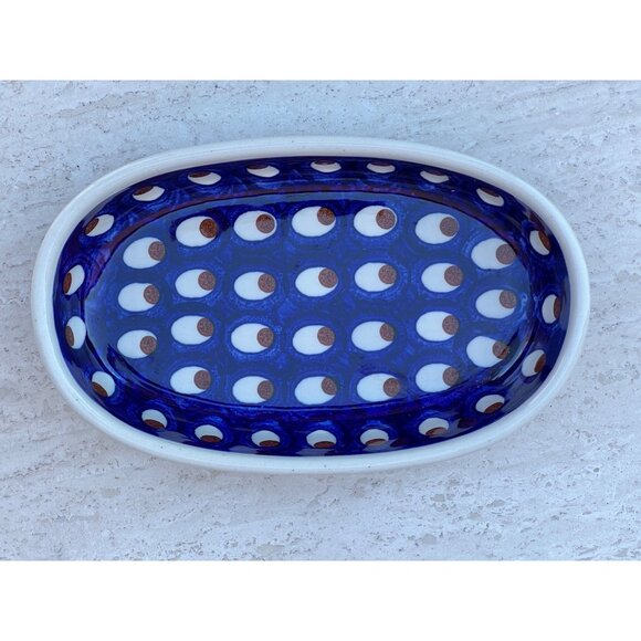 Spółdzielnia Artystyczna Rękodzieła Other - Polish Pottery Oval Dish Sm. Casserole 8"x5" Blue Peacock Eye Pattern Handmade